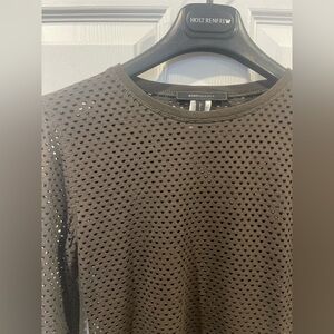 BCBG Army green Mesh Long-Sleeve Crewneck Top -fishnet seethrough sweater small